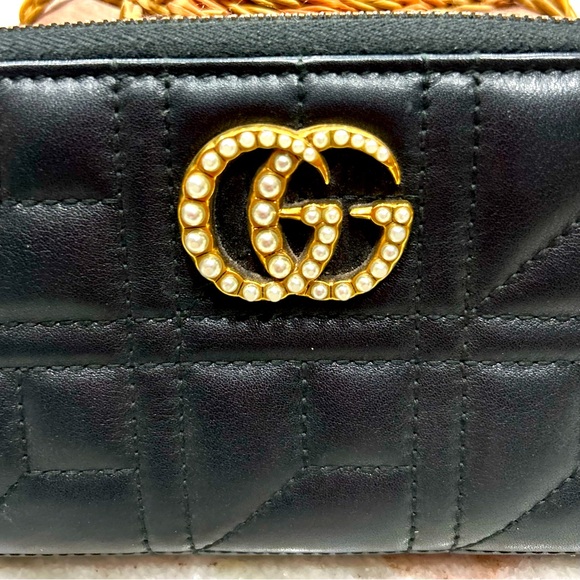Gucci Authentic Black Calfskin Matelasse Leather Pearl Marmont Zip Around Wallet - Picture 3 of 11